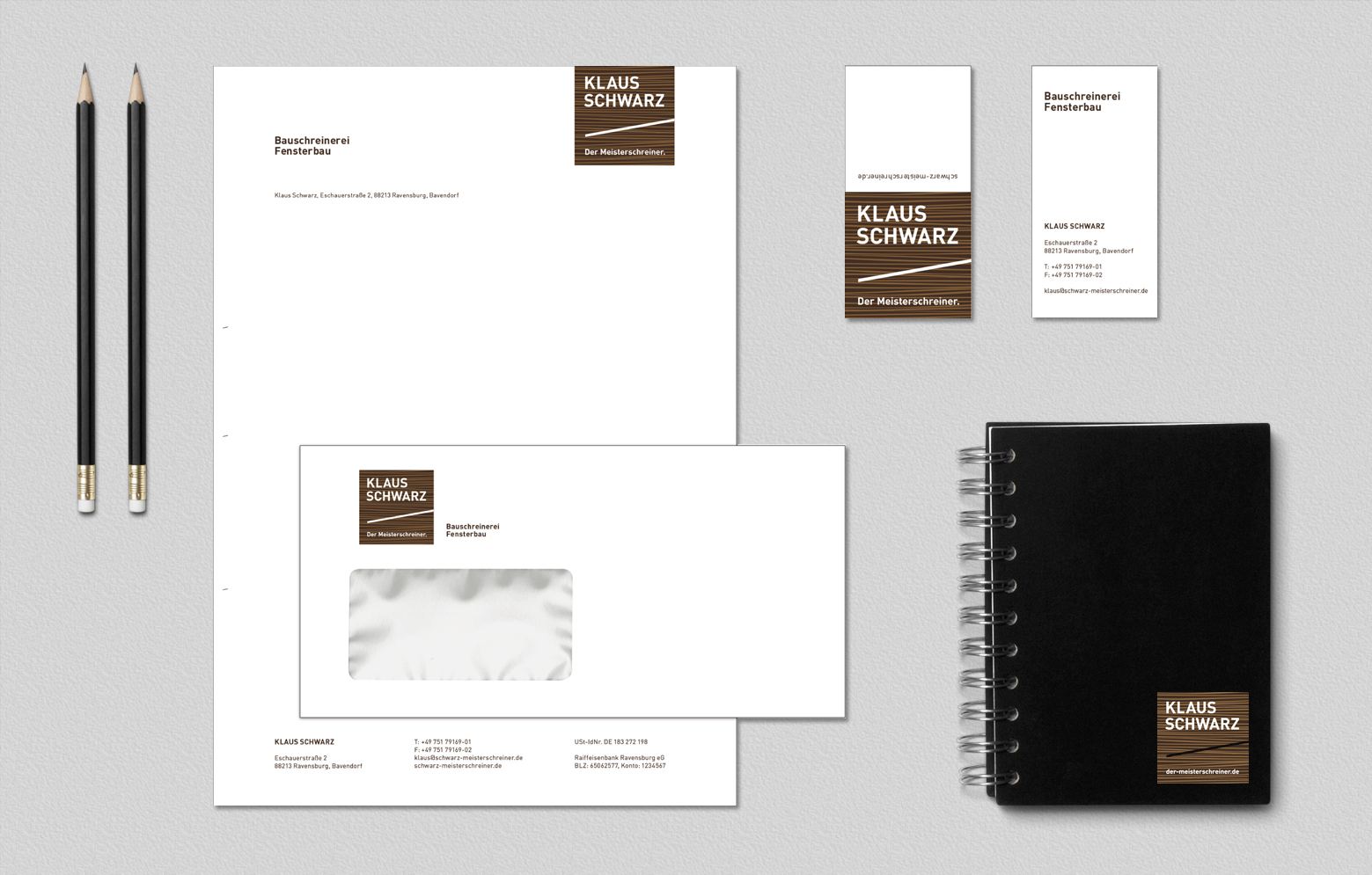 Klaus Schwarz Geschäftsausstattung, mit Briefbogen, Breifumschlag, Visitenkarte, Bleistift und Notizbuch